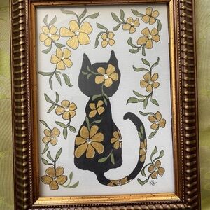 Floral Cat Art Painting - Black/Gold  SWAROVSKI Crystals. Framed. Original Art